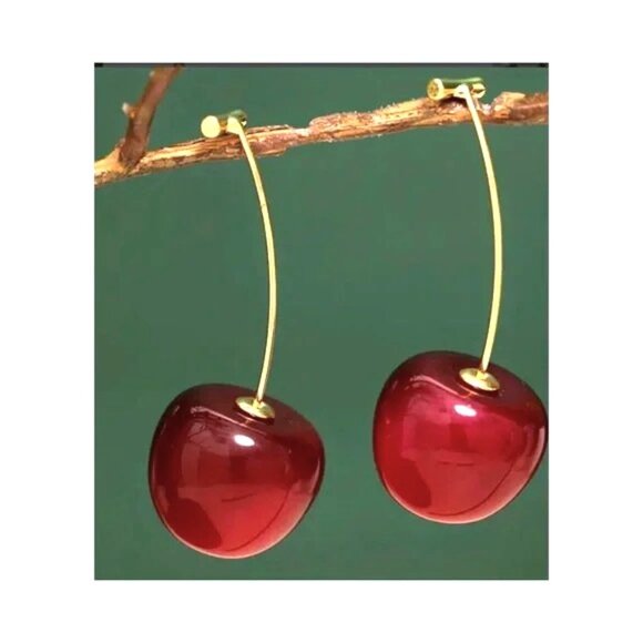 Cherry Drop Earrings Sweet Red Dangle Trendy Sexy Gold Plated Ear Ornaments - Picture 4 of 4